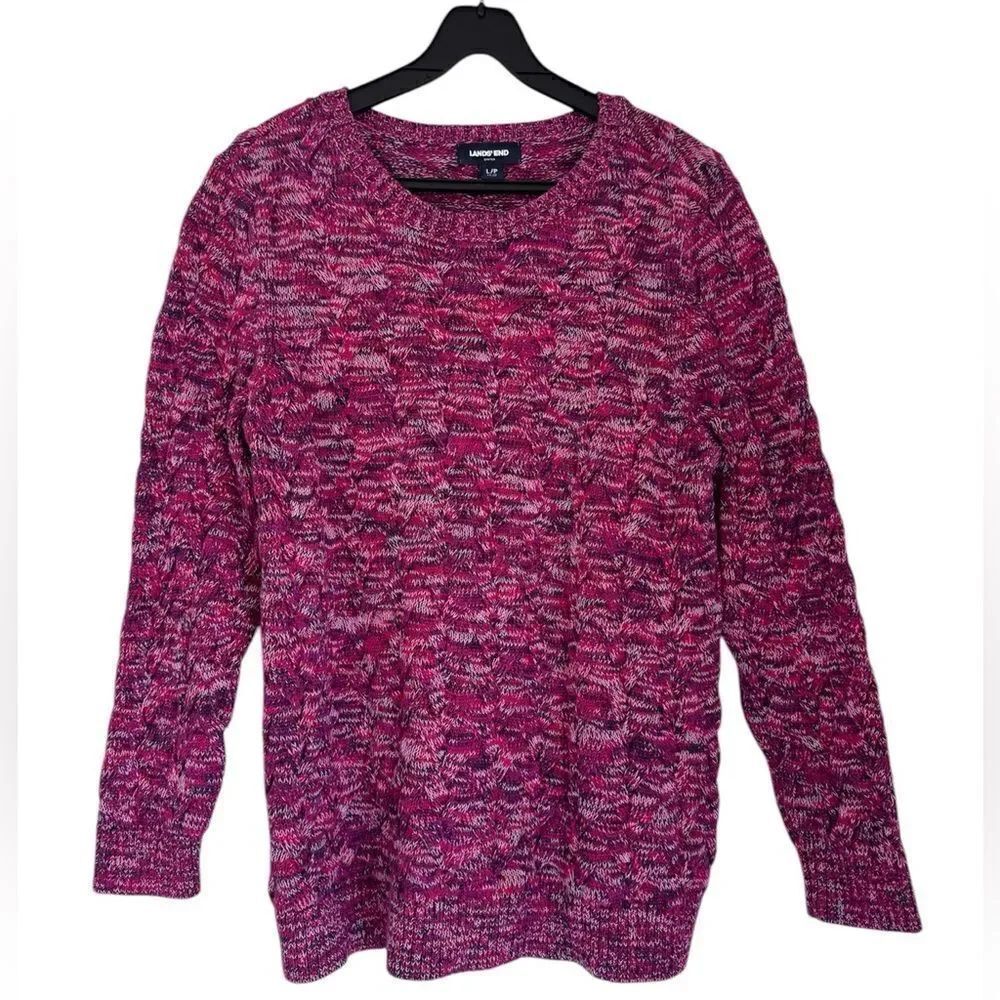 Lands' End Women’s Multicolored Cable Fisherman Knit Drifters Sweater Size LP